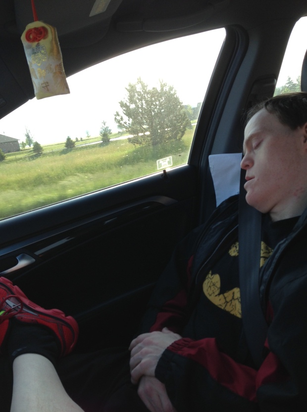 The road trip begins---my partner in crime conked out after 30 minutes.