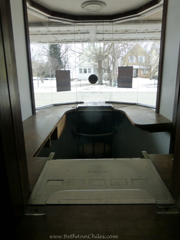 The ticket booth from the inside looking out.